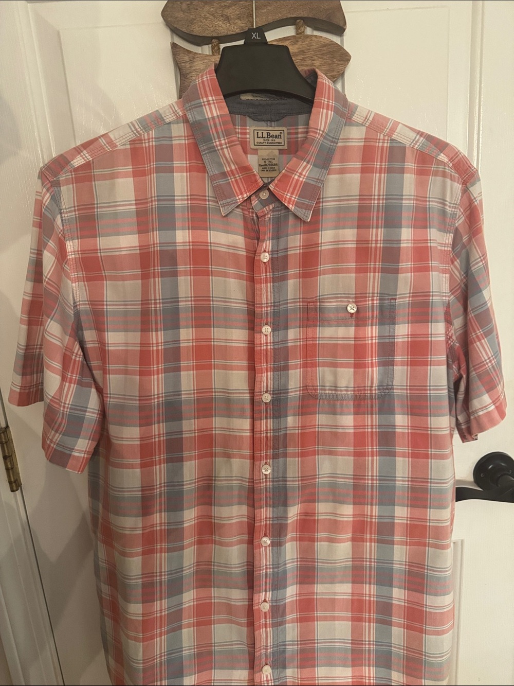 L.L. Bean Men’s Short Sleeve Plaid Button-Down Shirt - Coral/Gray
